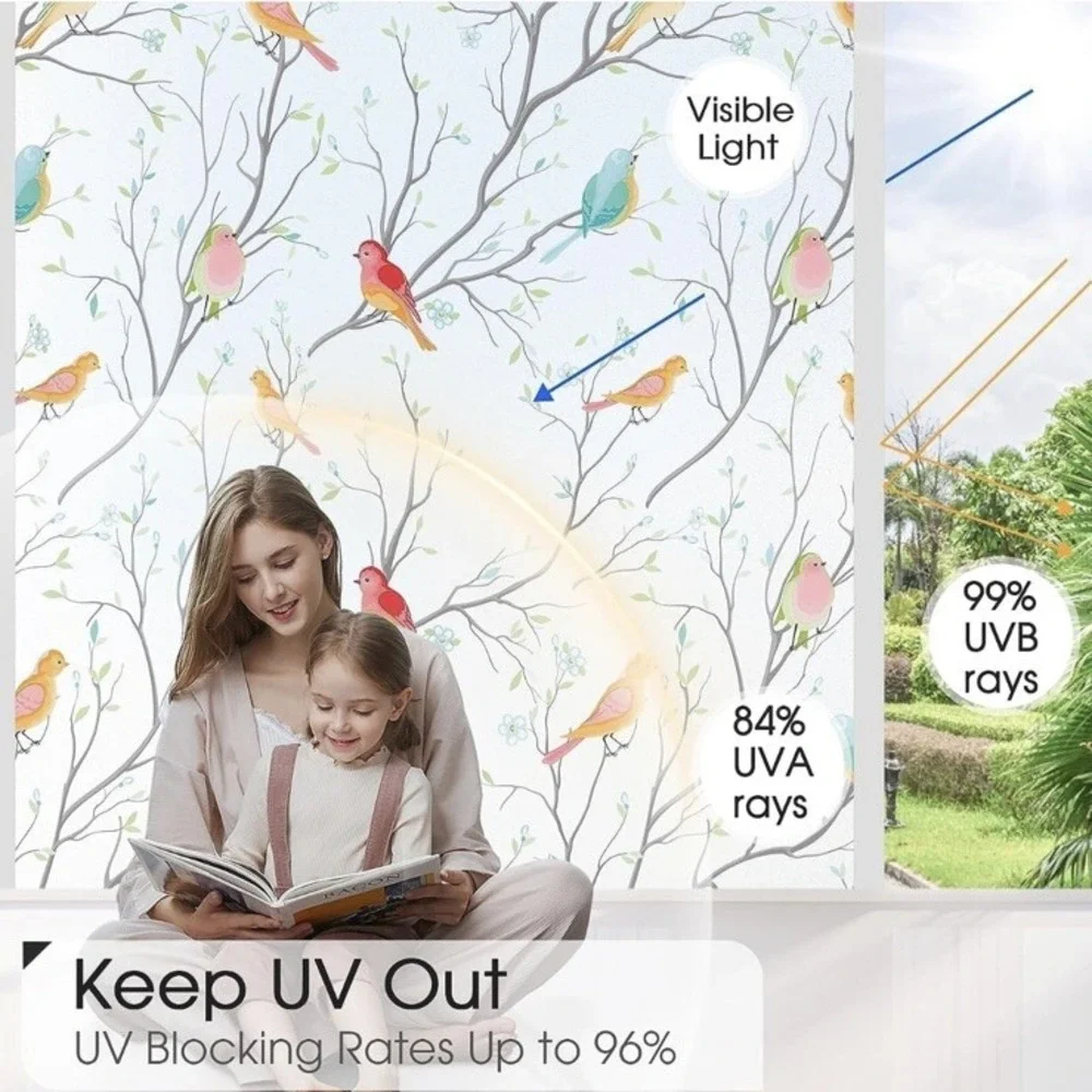 Coavas Window Privacy Film‎ Decorative Bird Stained Glass Window Film Bathroom